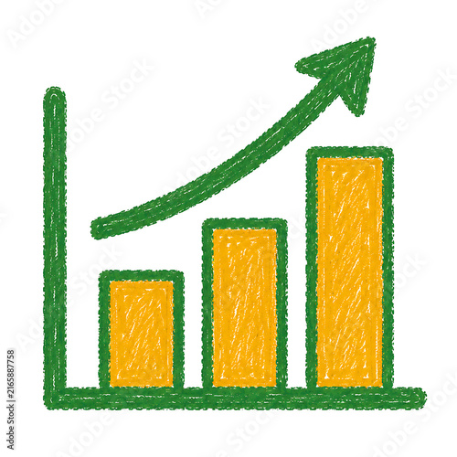 Crayon-style illustration of an upward trending bar chart with three bars, isolated on white background.
