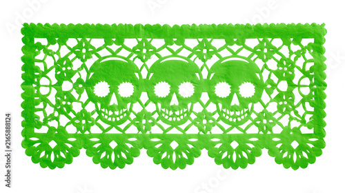 Neon Green Mexican Papel Picado Banner Sheet with Skull Pattern Isolated