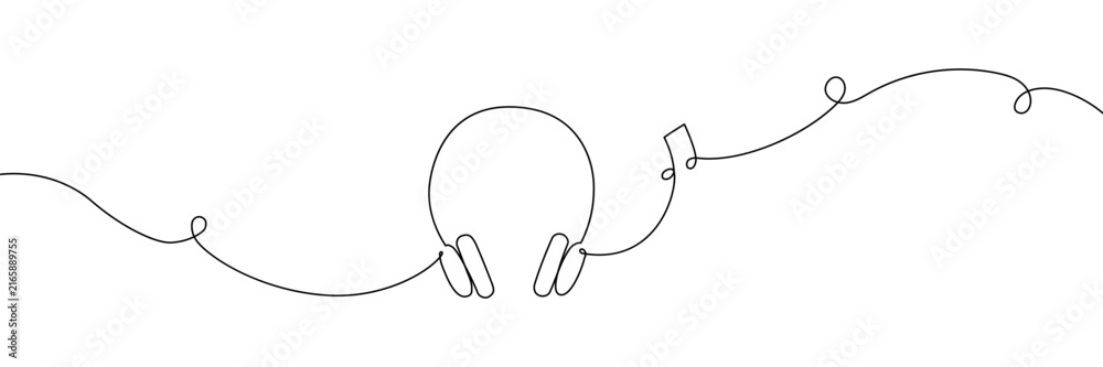 Obraz premium Continuous line art drawing of headphones and microphone. One-line podcast recording icon for radio, music, DJ media posters, hand-drawn doodle illustration style.