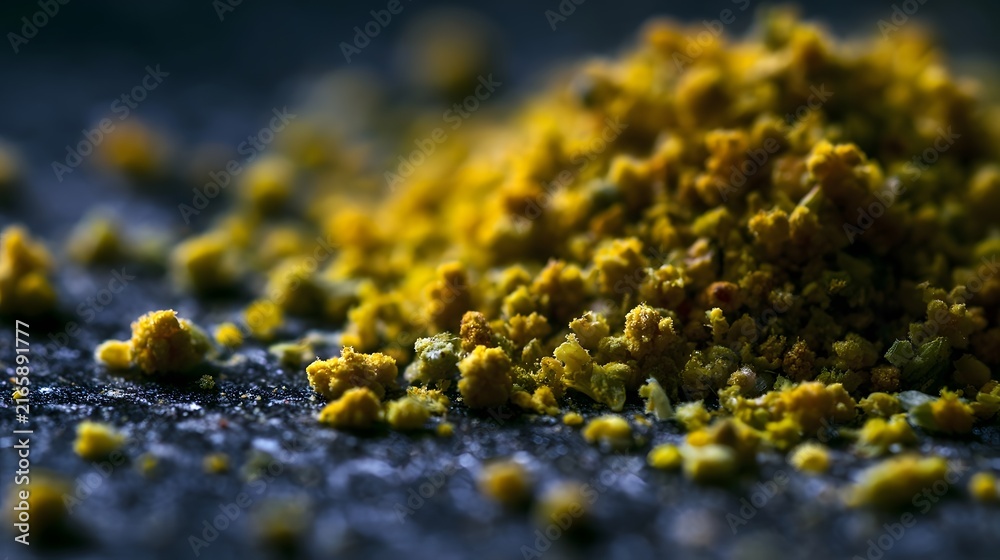 Fototapeta premium Close up of yellow pollen granules scattered on dark textured surface softly lit with shallow depth of field