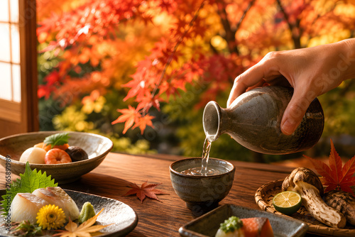 Fototapeta 紅葉を眺めながら日本酒を徳利から注ぐ秋の和食風景