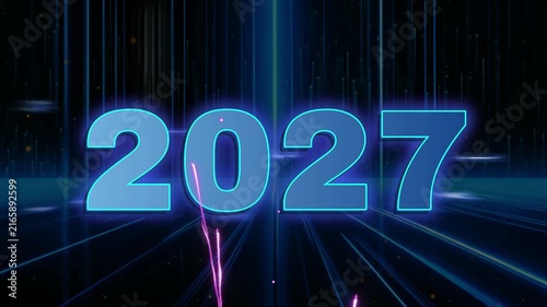 2027 New Year Fireworks Celebration with Vibrant Neon Numbers and Festive Night