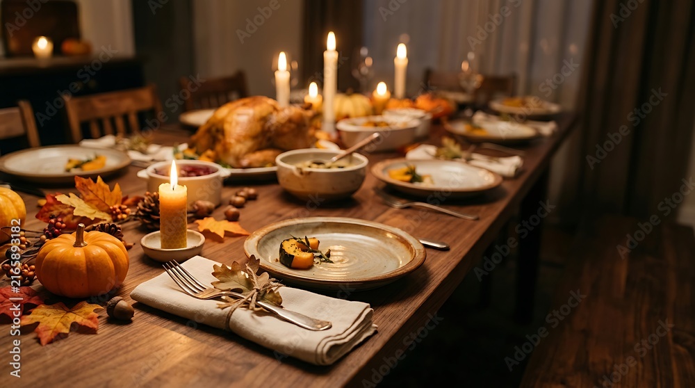 Naklejka premium Thanksgiving dinner table with turkey and candles