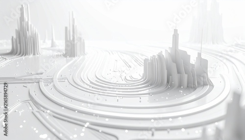 Minimal White Digital Circuit Board With Concentric Electronic Pathways, Futuristic AI Technology Background