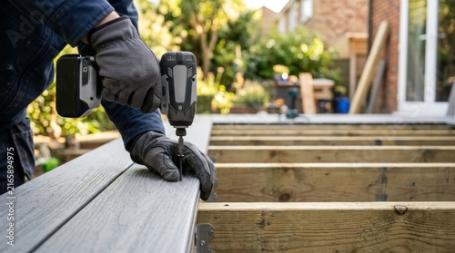 Construction worker using power drill to install decking boards outdoors