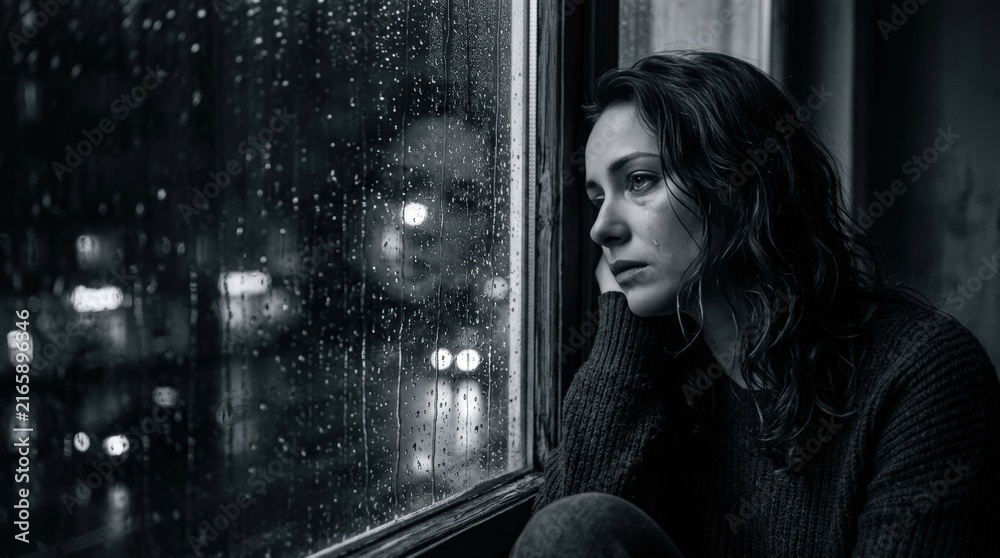 Fototapeta premium Woman gazing out rain - covered window with tearful expression