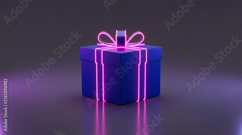 A sleek blue gift box wrapped in a vibrant glowing neon pink ribbon, set against a moody, dark, and minimalist background.
