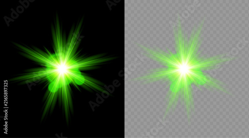 A bright glowing green star burst effect creating a beautiful light flare on a transparent background for design