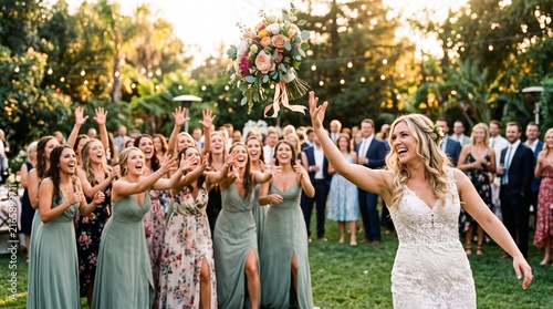Joyful bride throwing bouquet over shoulder to excited bridesmaids at outdoor garden party in warm golden hour light for wedding tradition and marriage celebration concept