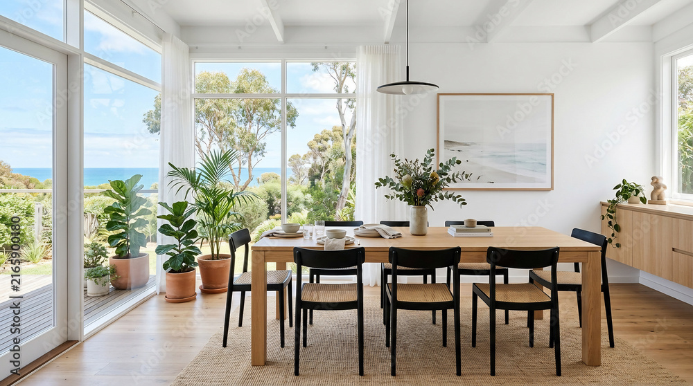 Fototapeta premium Bright modern dining room with wooden table and black chairs overlooking coastal ocean view through large windows