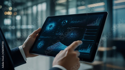 Professional Business Executive Analyzing Advanced Financial Data and Investment Portfolio Trends on a Modern Digital Tablet in a Sleek Corporate Office