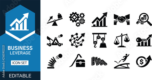 Cuadro en lienzo Business leverage and growth icon set, with vector symbols for business strategy, financial growth, investment, analytics, productivity, leadership
