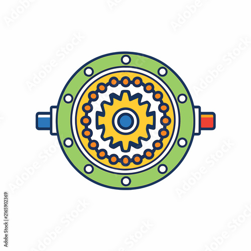 Colorful gear mechanism icon with bolts and nuts illustration