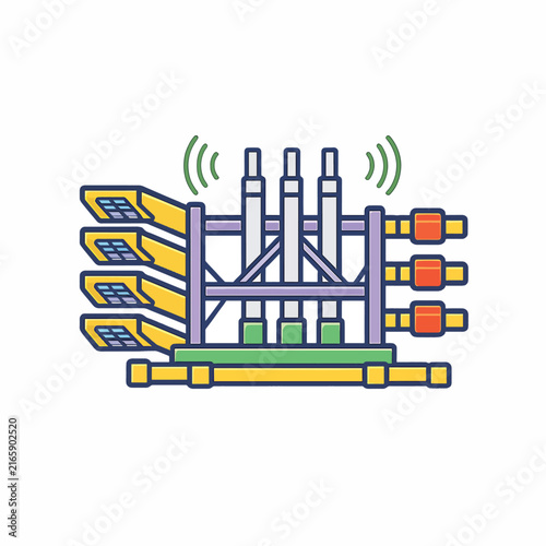 Industrial server rack with network connections and data processing illustration