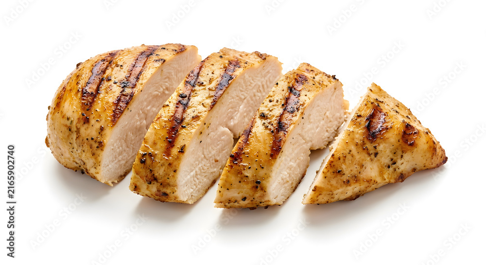 Fototapeta premium Aufgeschnittene gegrillte Hähnchenbrust auf Weiß