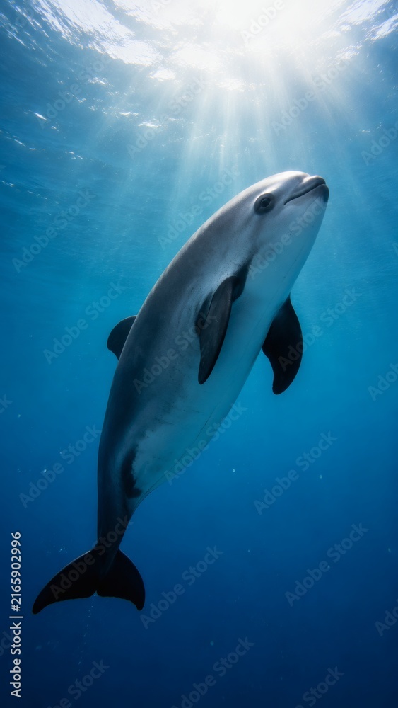 Obraz premium Dolphin swimming in ocean water beneath sunlight 