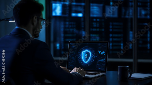 Professional monitoring cybersecurity data on laptop with glowing shield icon in high-tech dark office environment