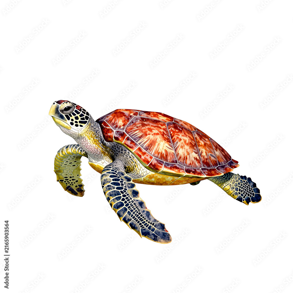 Obraz premium Green sea turtle swimming gracefully in clear water with white background
