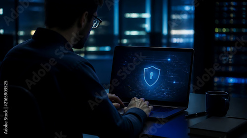Cybersecurity concept with a person using a laptop with a digital shield icon displaying a keyhole for security and privacy protection