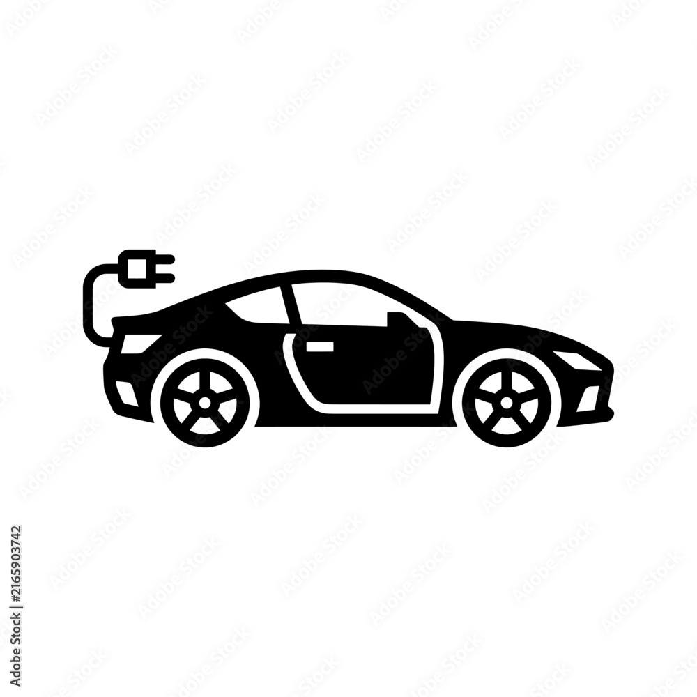 Fototapeta premium Minimalist Electric Vehicle Icon Featuring a Sleek Sports Car Silhouette with a Charging Plug Symbol for Sustainable Transport and Eco-Friendly Automotive Technology Concepts Vector electric
