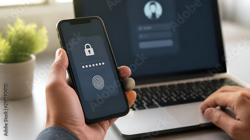 Person Holding Smartphone with Digital Security Password Screen Authentication while Working on Laptop for Cyber Privacy and Data Protection Concept