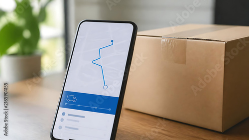 Smartphone displaying a real-time parcel delivery tracking application interface next to a cardboard shipping box on a wooden desk