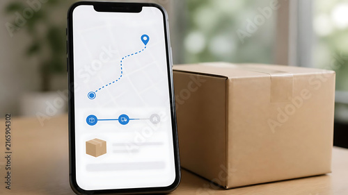 Package tracking on smartphone app with delivery box on table
