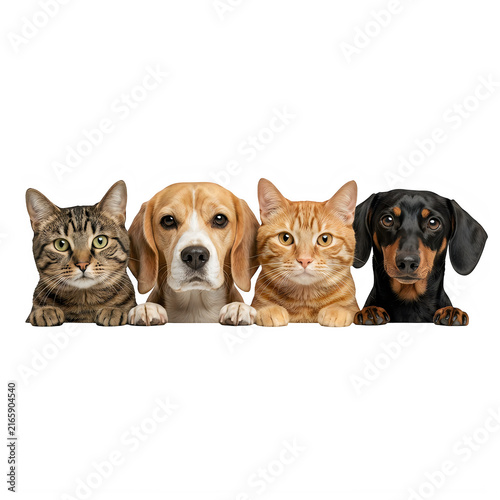 Group of cute cats and dogs sitting together in a row
