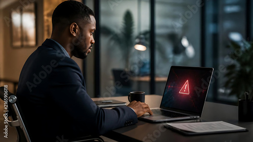Professional in a modern office confronts a critical cybersecurity warning on his laptop screen, highlighting immediate data security concerns and system vulnerability risks
