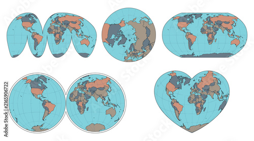 Obraz na płótnie Set of different map projections including heart shape, circular, and oval shape