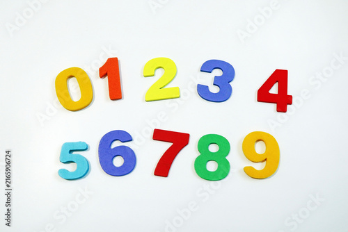 Konstfotografi Colorful Foam Numbers Zero to Nine Arranged on White Background for Children's E