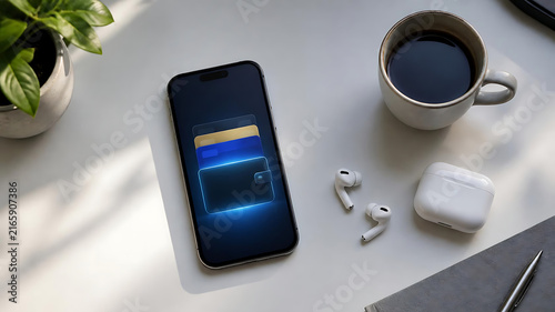 Minimalist desk setup with smartphone displaying digital wallet interface next to coffee and wireless earbuds