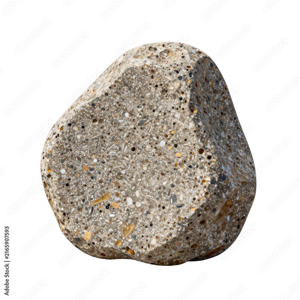 Obraz premium Smooth, speckled grey rock with visible inclusions and hollows on a white background