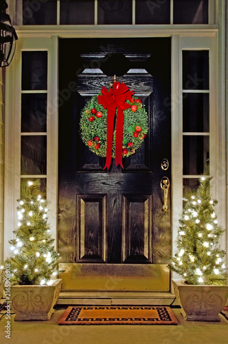 Front door decorated for Christmas