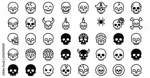 Halloween skull and monster faces vector icon set for spooky party decorations and horror designs