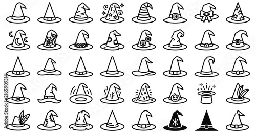 Halloween ghost icons set with spooky expressions and festive silhouettes in black line art