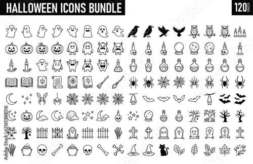 Halloween icons set with 120 spooky vector illustrations for festive designs and decorations