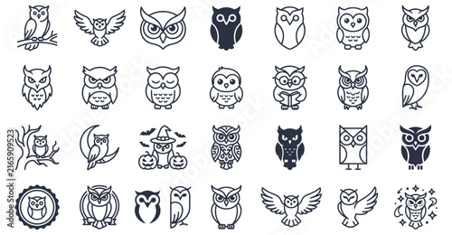 Halloween owl and bat vector icon set with spooky wildlife line art illustrations for decorations
