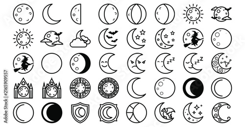 Halloween black and white vector icon set of spooky symbols and festive elements for designs