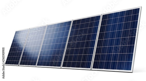 Modern solar panels arranged in a row for renewable energy production on white background
