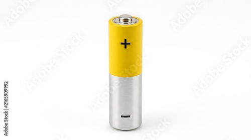 Single AA Yellow Battery Standing Upright Isolated on White Background Studio Shot