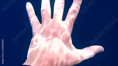 Human hand underwater with abstract light patterns rippling on skin