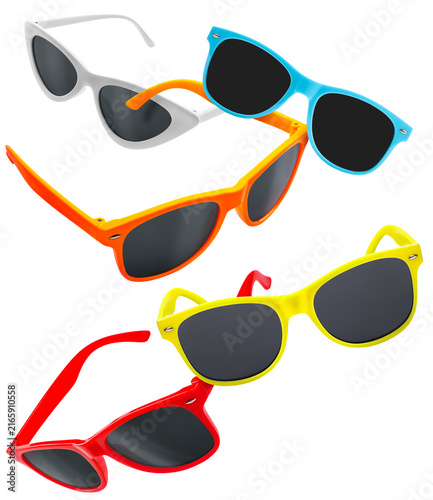 Stylish sunglasses flying in air on white background