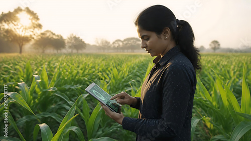 Young Female Agronomist Using Digital Tablet for Crop Monitoring in Lush Green Corn Field during Sunrise