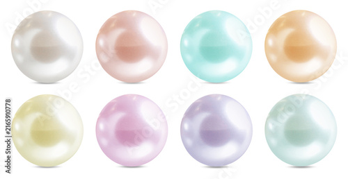Colorful natural pearls. Collection on white background