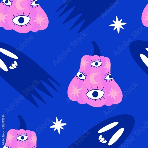 Autumn harvest vegetable seamless monster Halloween pumpkins pattern for wrapping paper and fabrics
