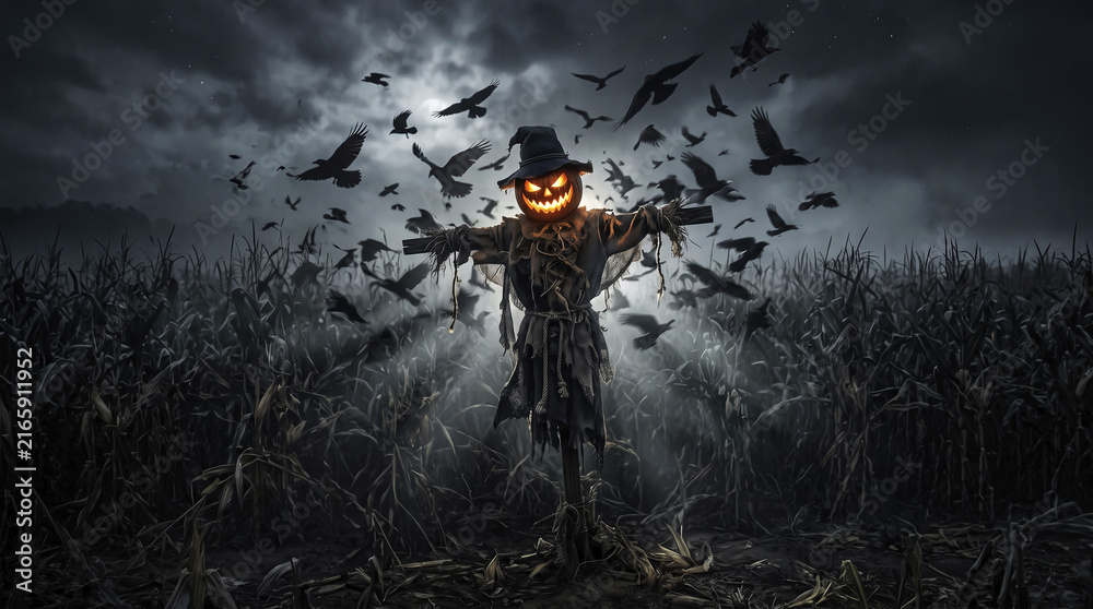 Fototapeta premium Creepy scarecrow with glowing carved pumpkin head in dark cornfield at night with flying black crows