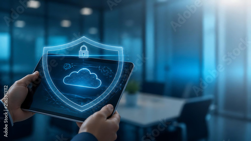 Business person holding tablet with digital cloud security shield in modern office