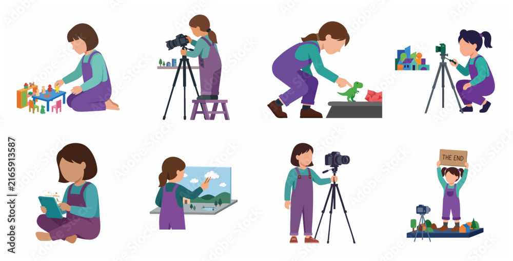 Fototapeta premium Set of flat illustrations featuring a young girl engaged in stop-motion animation and filmmaking hobbies.