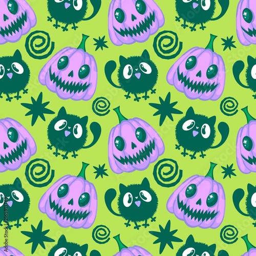 Autumn harvest vegetable seamless monster Halloween pumpkins pattern for wrapping paper and fabrics